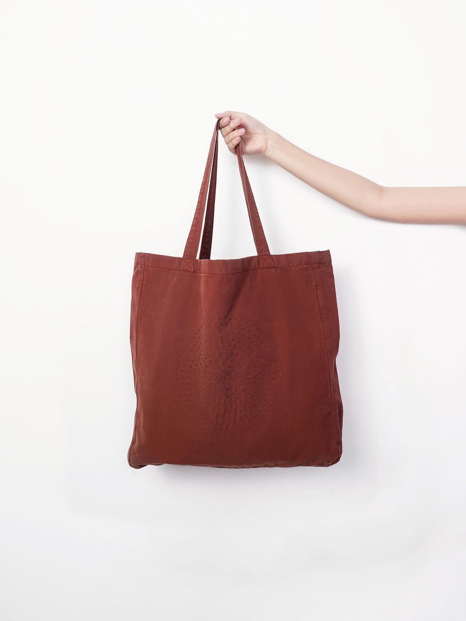 Hand Embroidered Sashiko Circle Tote Bag - Burgundy