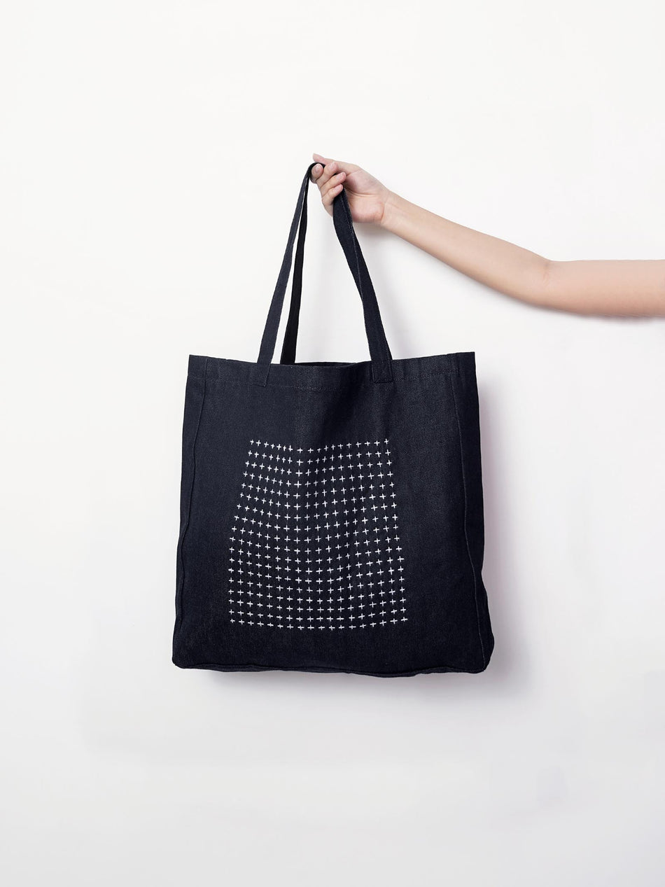 Hand Embroidered Sashiko Square Tote Bag - Indigo