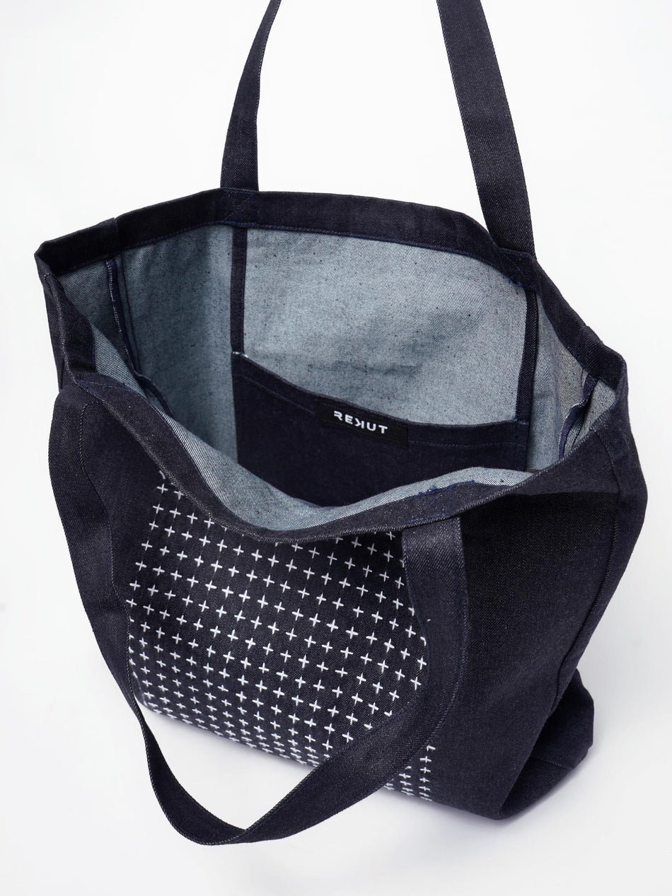 Hand Embroidered Sashiko Square Tote Bag - Indigo