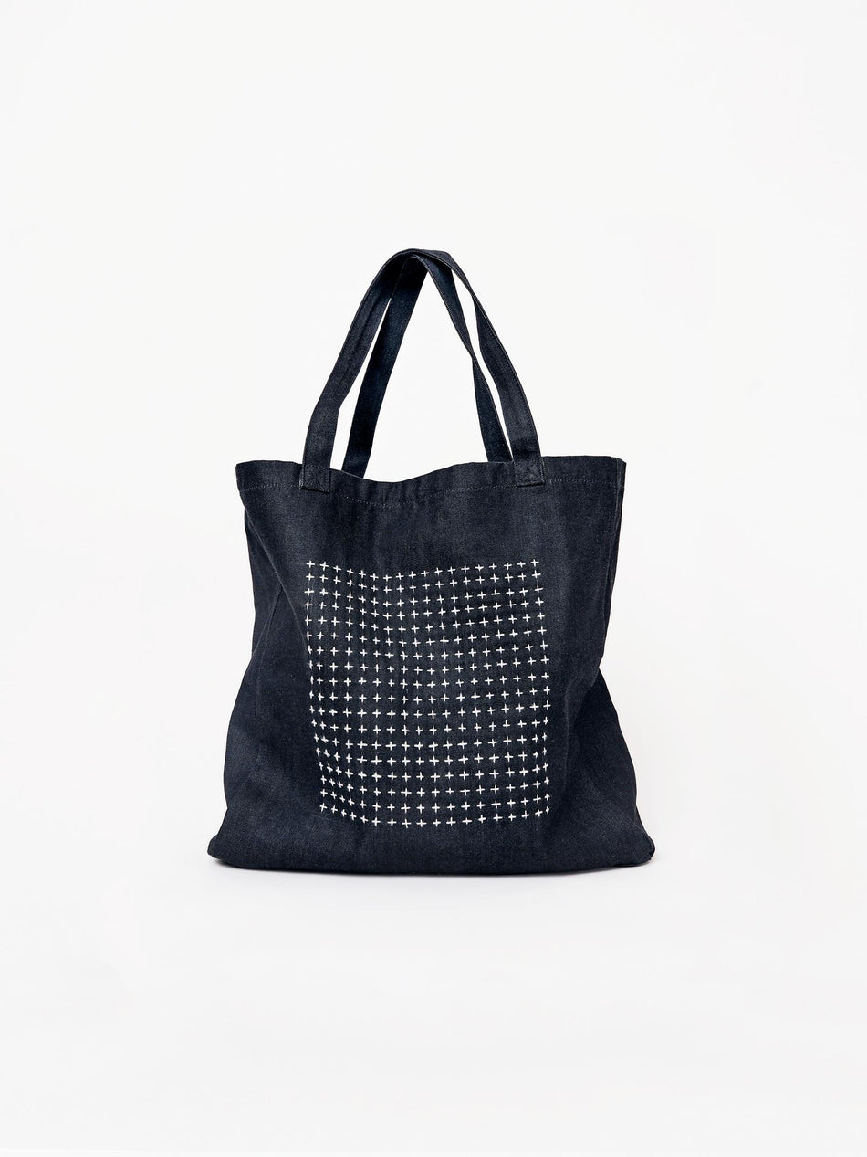 Hand Embroidered Sashiko Square Tote Bag - Indigo