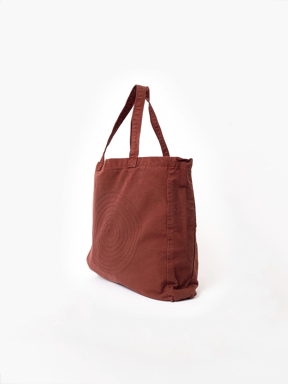 Hand Embroidered Sashiko Circle Tote Bag - Burgundy