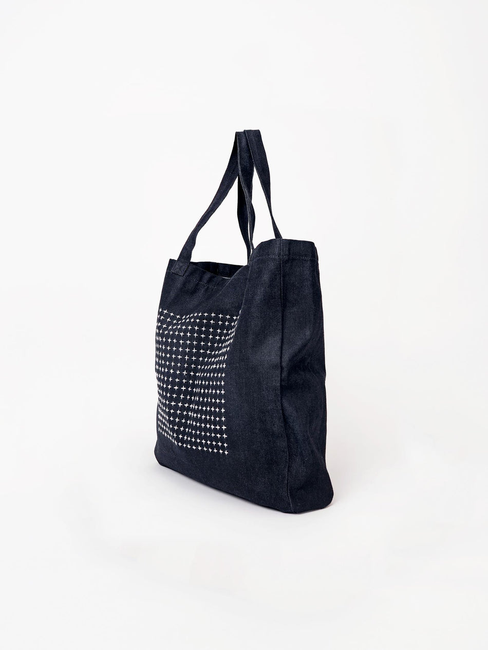 Hand Embroidered Sashiko Square Tote Bag - Indigo